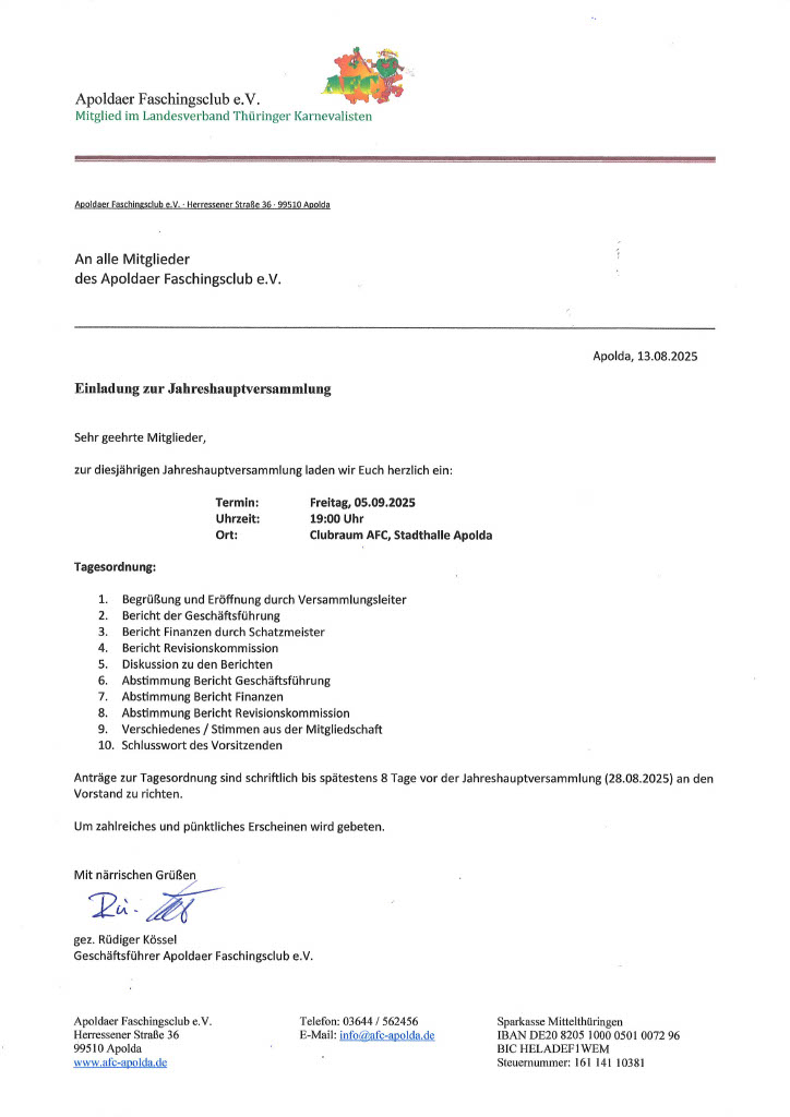 Einladung an Mitglieder zur Jahreshauptversammlung